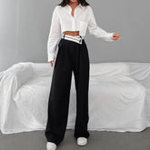 Büro-Arbeitshose in Kontrastfarbe, lässige, drapierte Wischhose, Hose mit weitem Bein